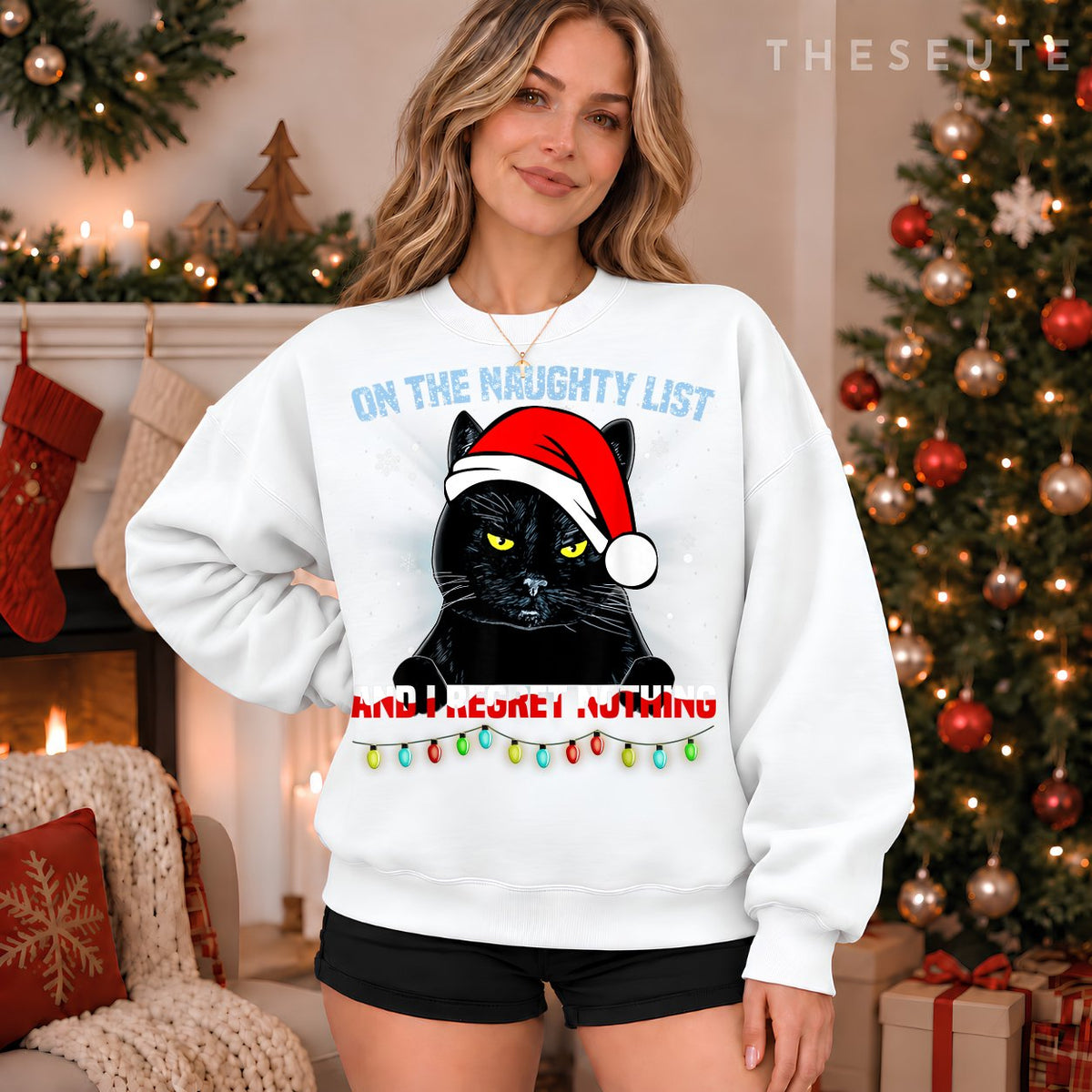 On The Naughty List And I Regret Nothing Cat Christmas Sweatshirt
