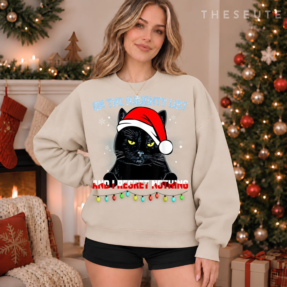 On The Naughty List And I Regret Nothing Cat Christmas Sweatshirt