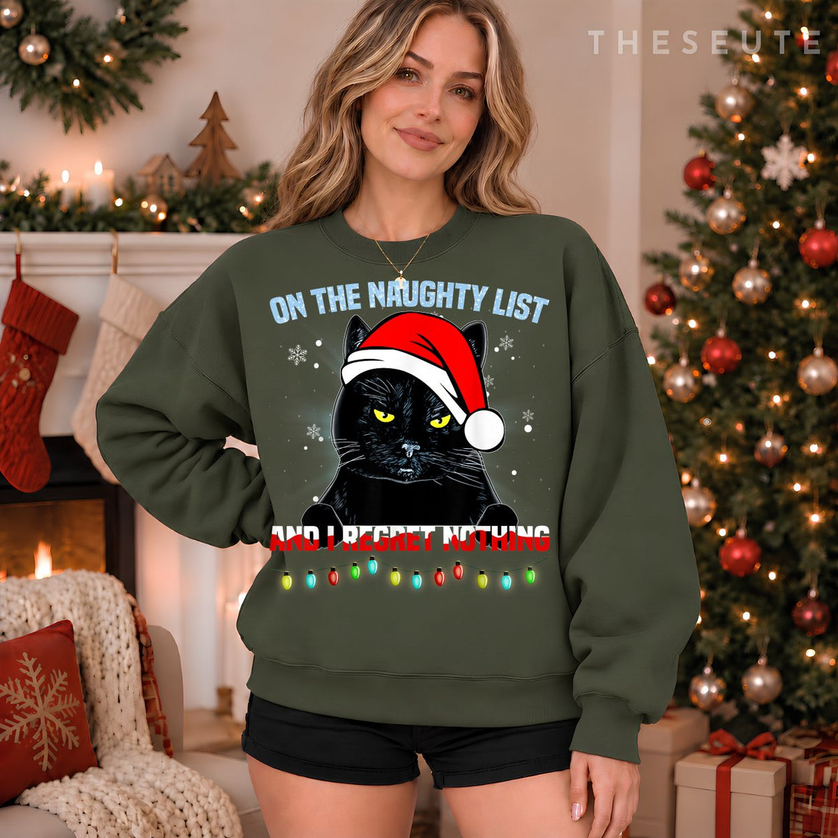 On The Naughty List And I Regret Nothing Cat Christmas Sweatshirt