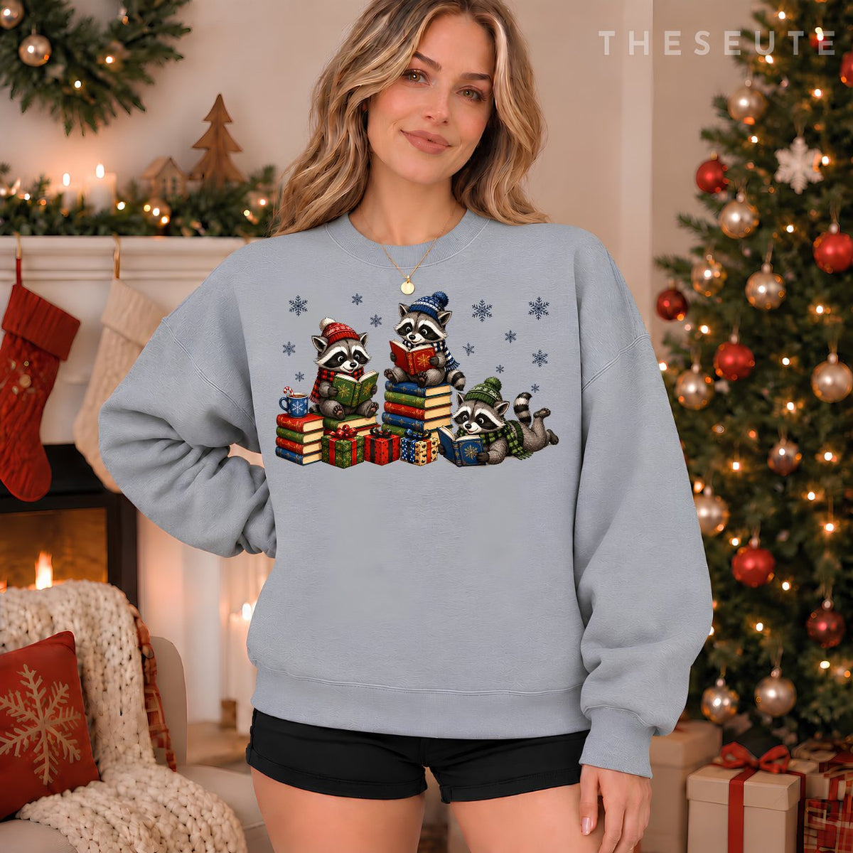 Christmas Books Funny Teachers Raccoon Reading Book in Xmas Sweatshirt