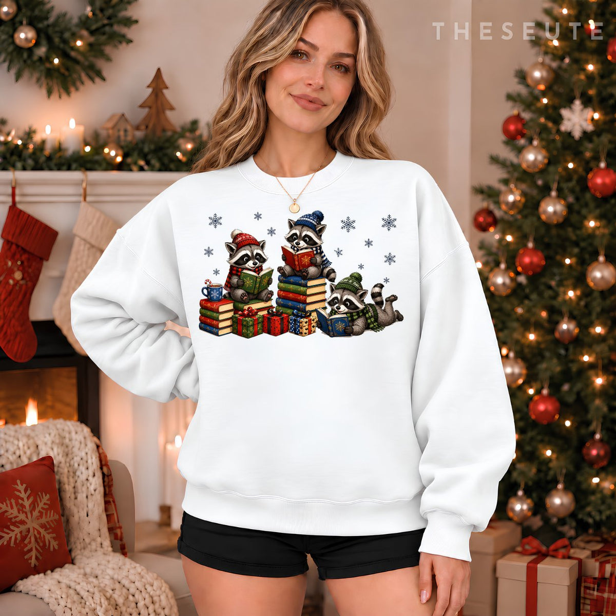 Christmas Books Funny Teachers Raccoon Reading Book in Xmas Sweatshirt