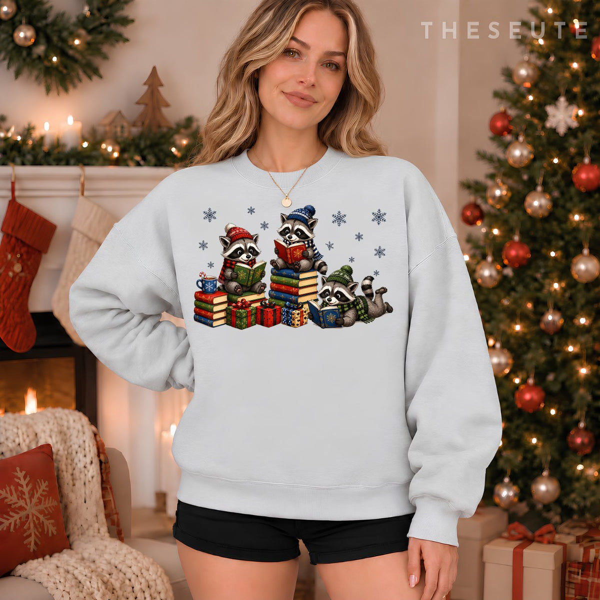Christmas Books Funny Teachers Raccoon Reading Book in Xmas Sweatshirt