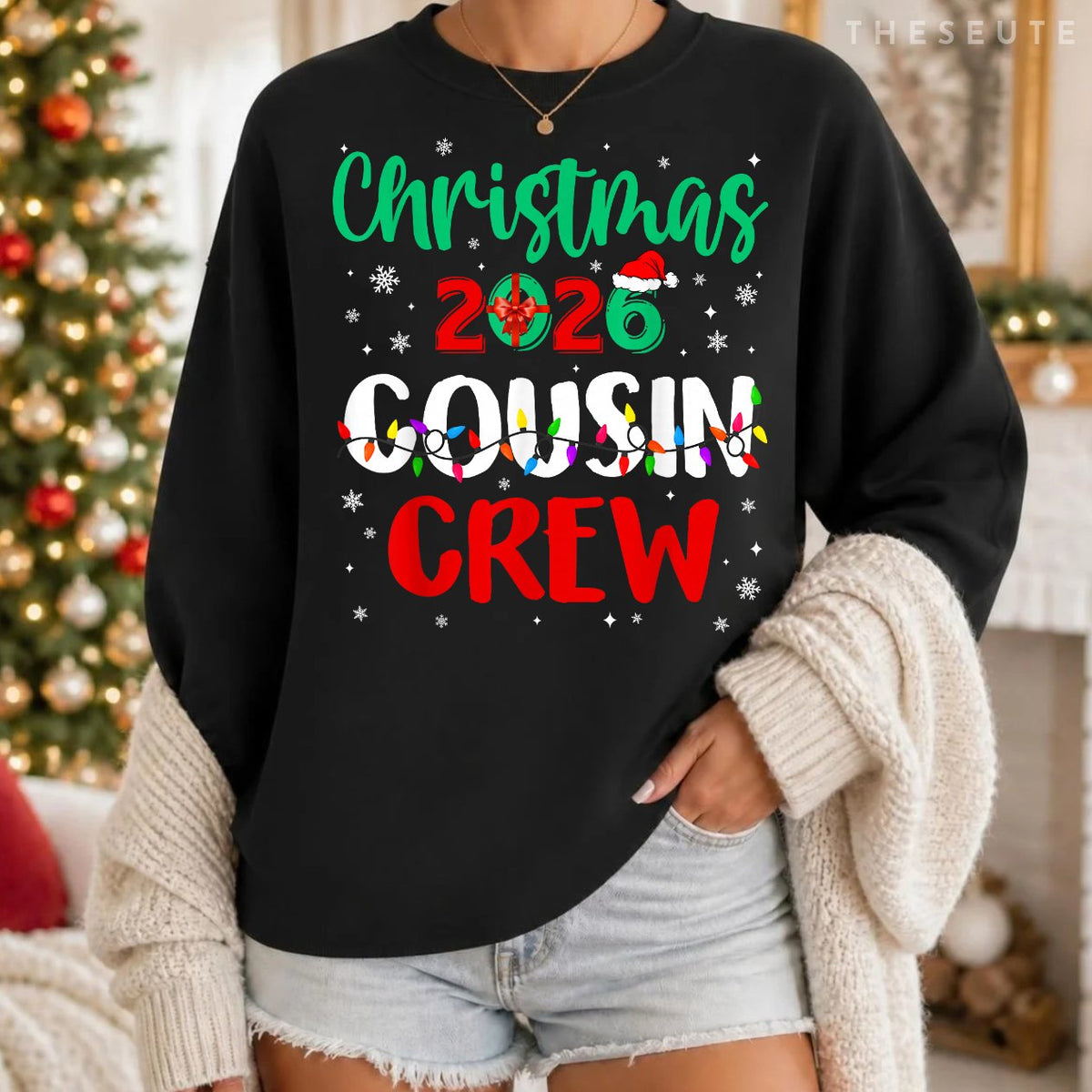 Christmas 2026 Cousin Crew Xmas Lights Funny Matching Pajama Sweatshirt