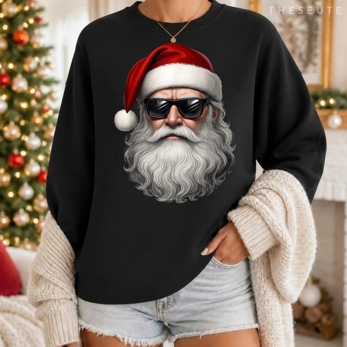 Santa Face Retro Sunglasses Funny Christmas Pajama Mens Boys Sweatshirt
