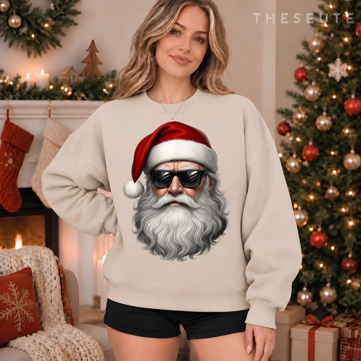 Santa Face Retro Sunglasses Funny Christmas Pajama Mens Boys Sweatshirt