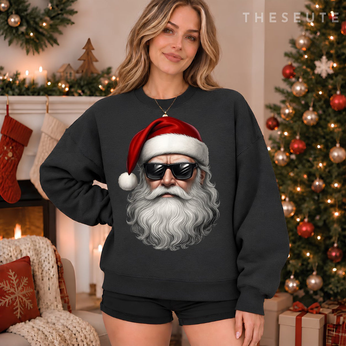 Santa Face Retro Sunglasses Funny Christmas Pajama Mens Boys Sweatshirt