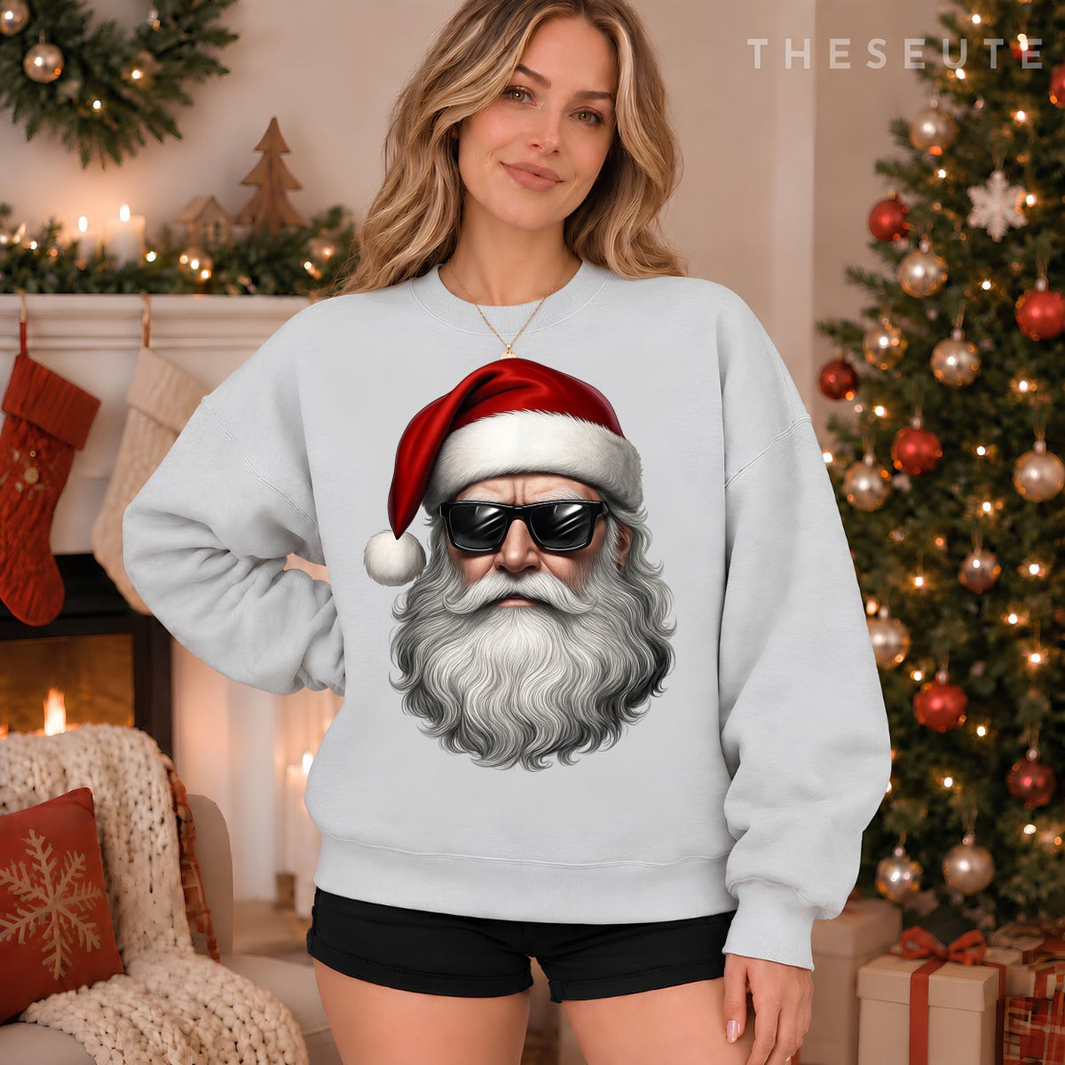 Santa Face Retro Sunglasses Funny Christmas Pajama Mens Boys Sweatshirt