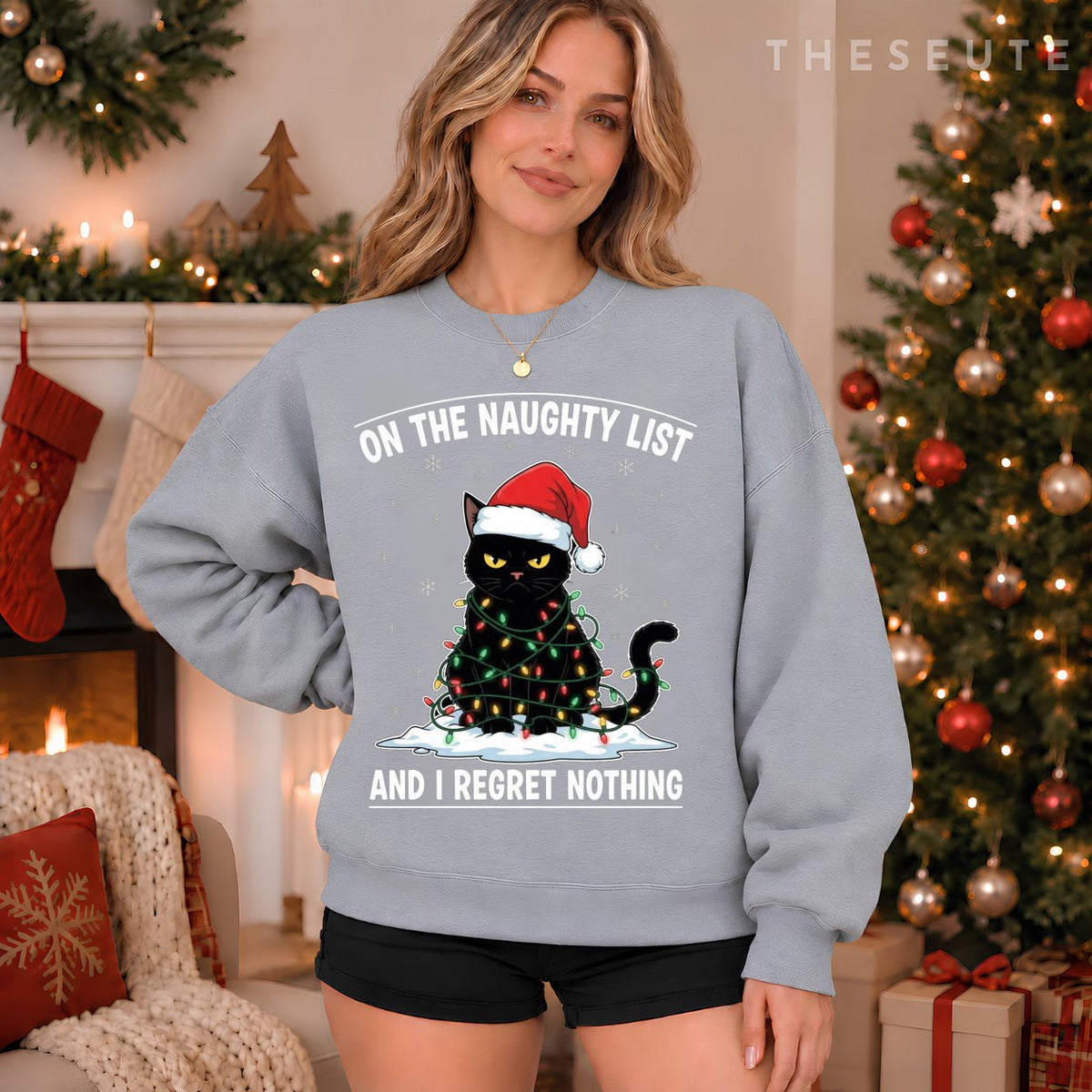 On The Naughty List and I Regret Nothing Funny Cat Christmas Sweatshirt