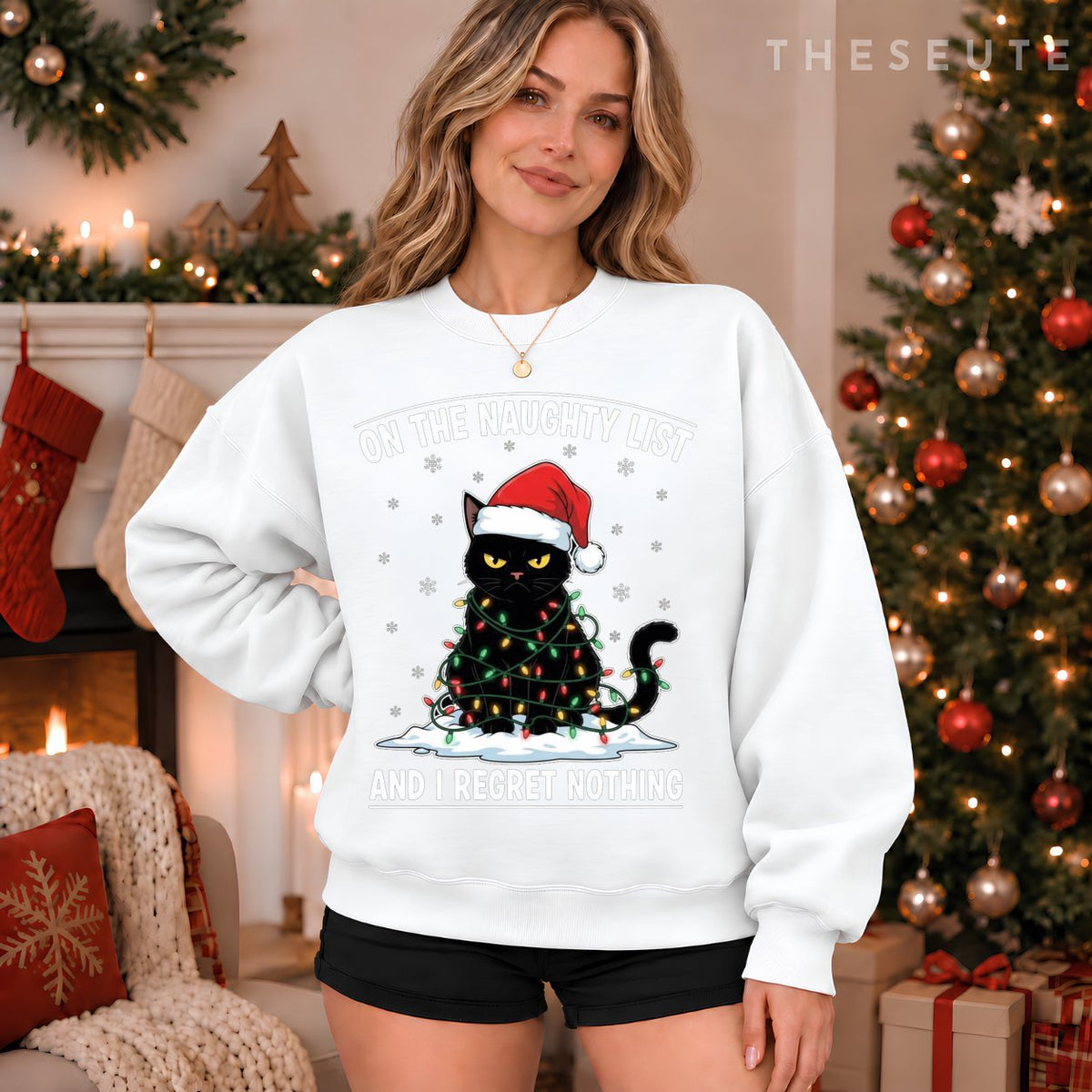 On The Naughty List and I Regret Nothing Funny Cat Christmas Sweatshirt