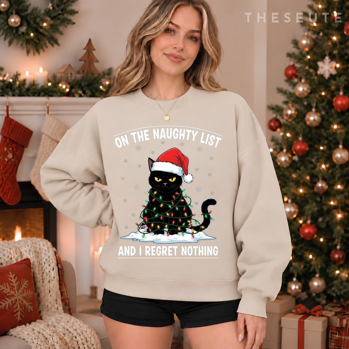 On The Naughty List and I Regret Nothing Funny Cat Christmas Sweatshirt