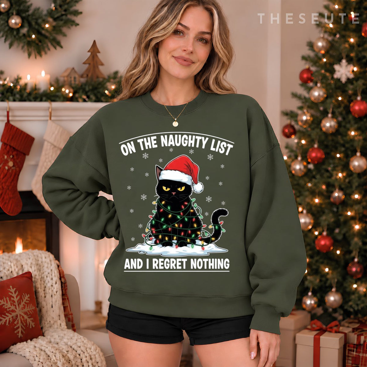 On The Naughty List and I Regret Nothing Funny Cat Christmas Sweatshirt