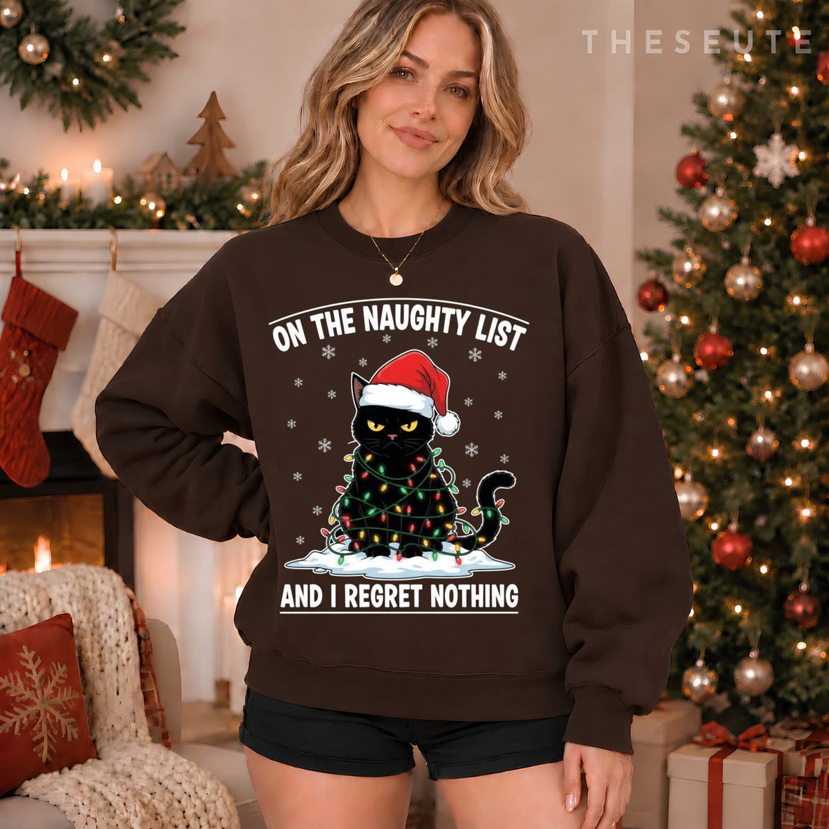 On The Naughty List and I Regret Nothing Funny Cat Christmas Sweatshirt