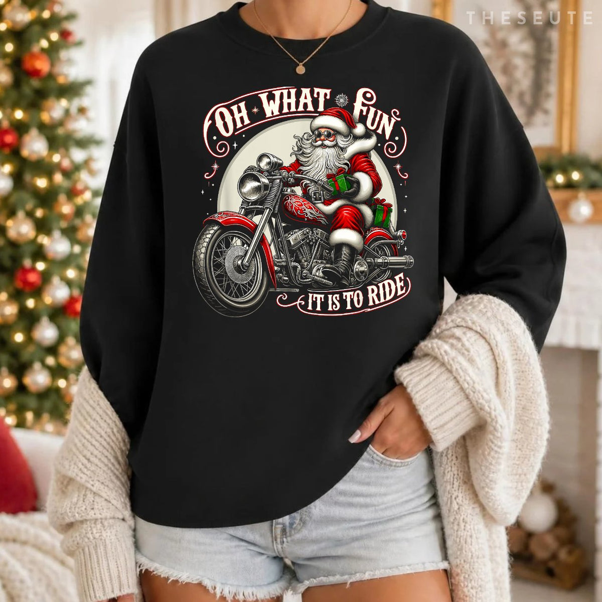 Oh What Fun It is To Ride Motorcycle Biker Santa Xmas Sweatshirt