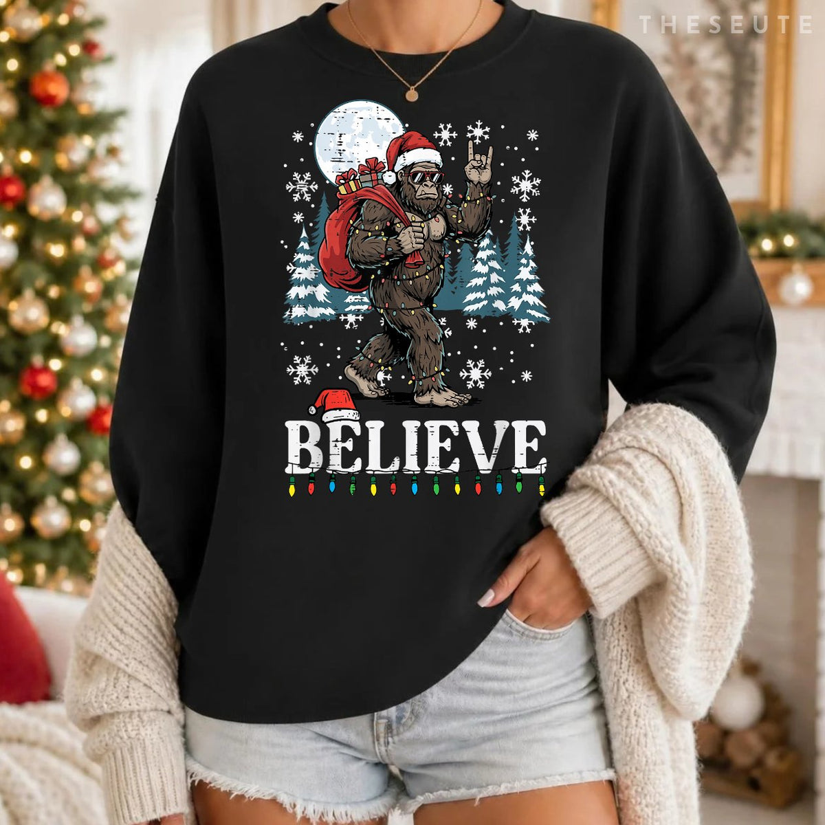 Christmas Bigfoot Believe Funny Xmas Sasquatch Men Women Kid Sweatshirt