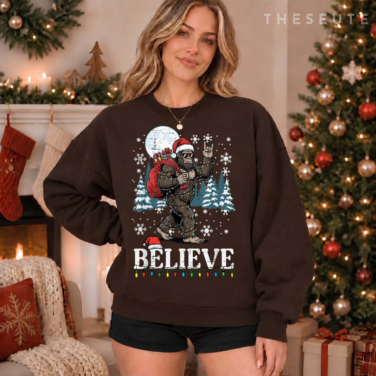 Christmas Bigfoot Believe Funny Xmas Sasquatch Men Women Kid Sweatshirt