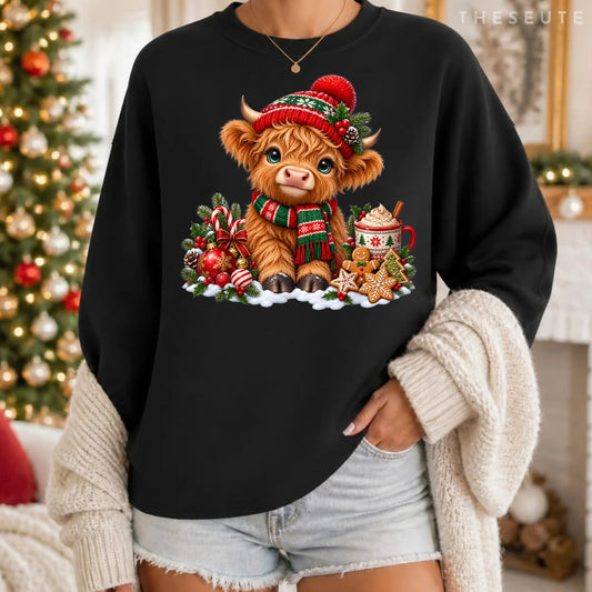 Funny Xmas Merry Moo Cows Highland Cow Christmas Snowman Sweatshirt
