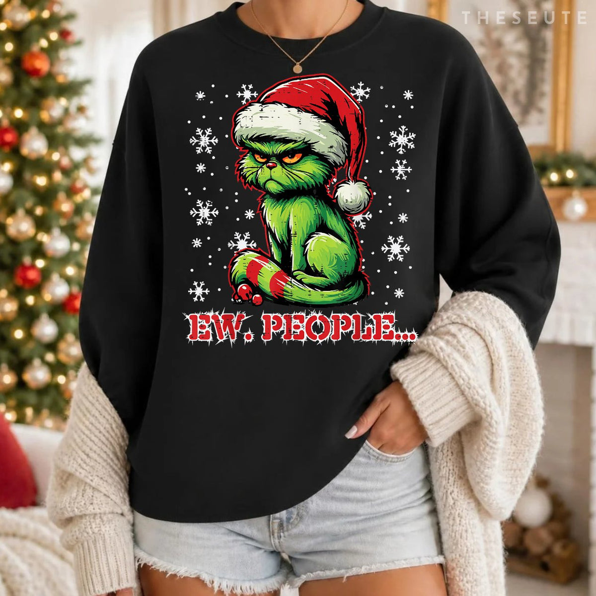 Christmas Cat Santa Ew People Funny Xmas Men Women Kids Sweatshirt