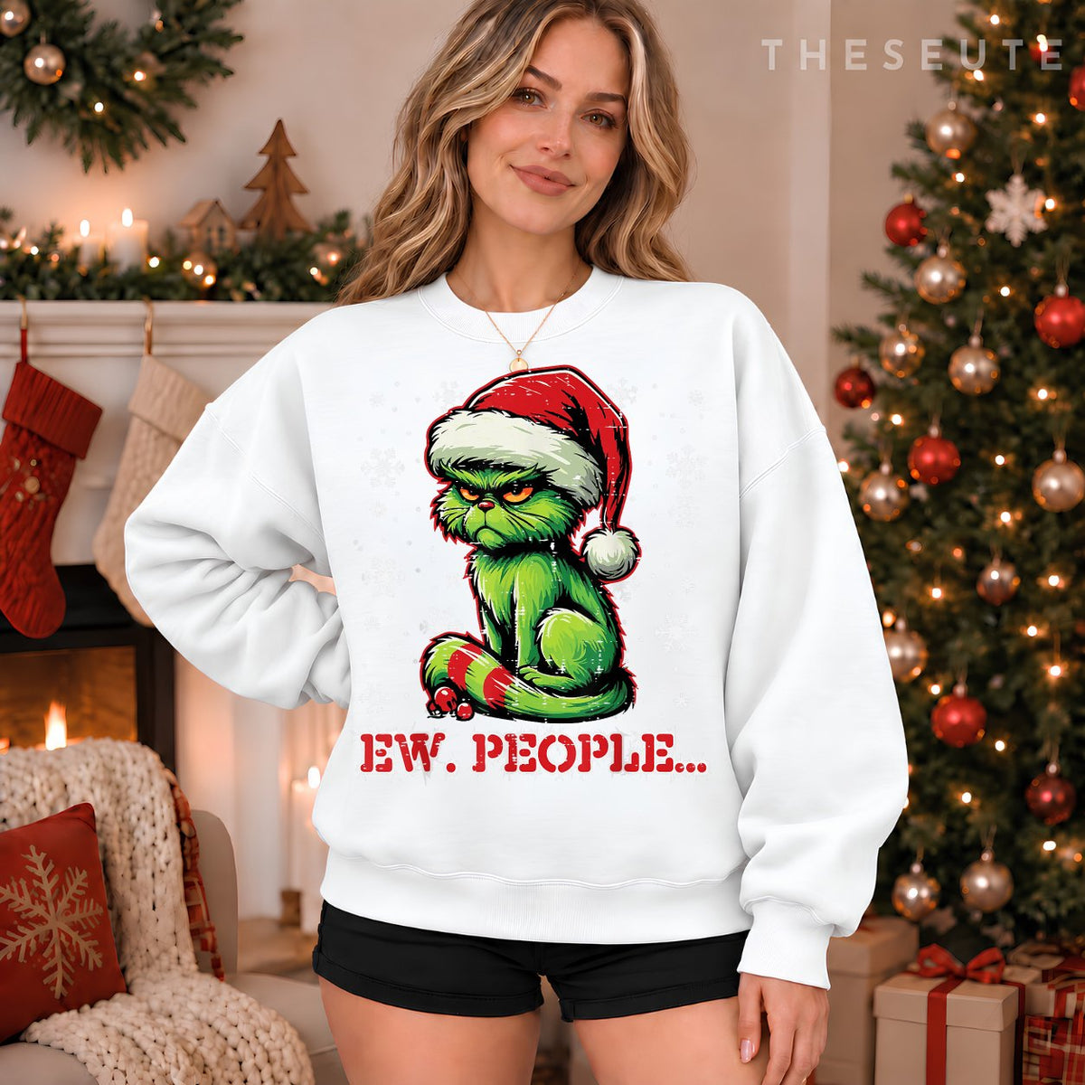 Christmas Cat Santa Ew People Funny Xmas Men Women Kids Sweatshirt