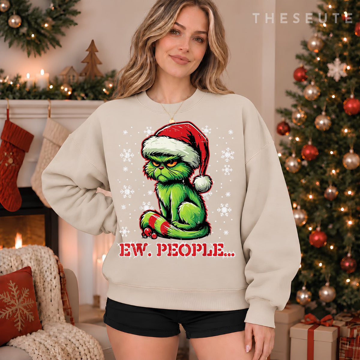 Christmas Cat Santa Ew People Funny Xmas Men Women Kids Sweatshirt