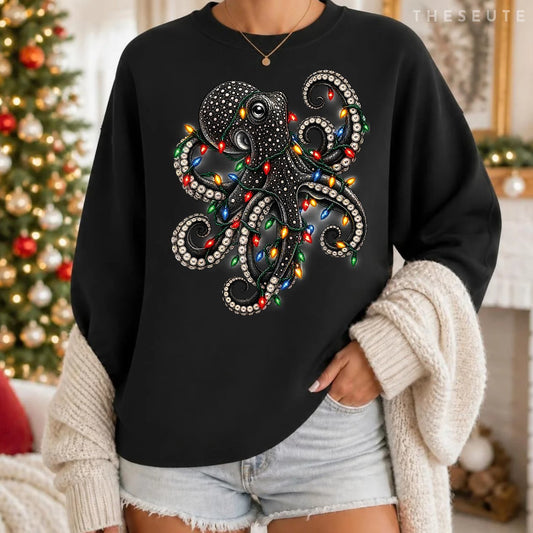 Funny Cool Christmas Octopus Holiday Lights Ocean Sweatshirt