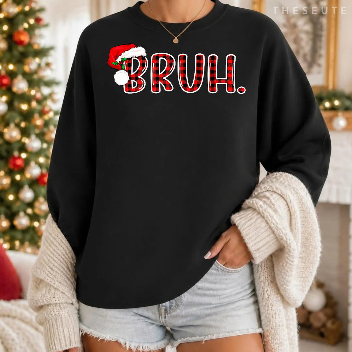 Bruh Funny Christmas Plaid Teens Boys Kids Xmas Pajamas Sweatshirt