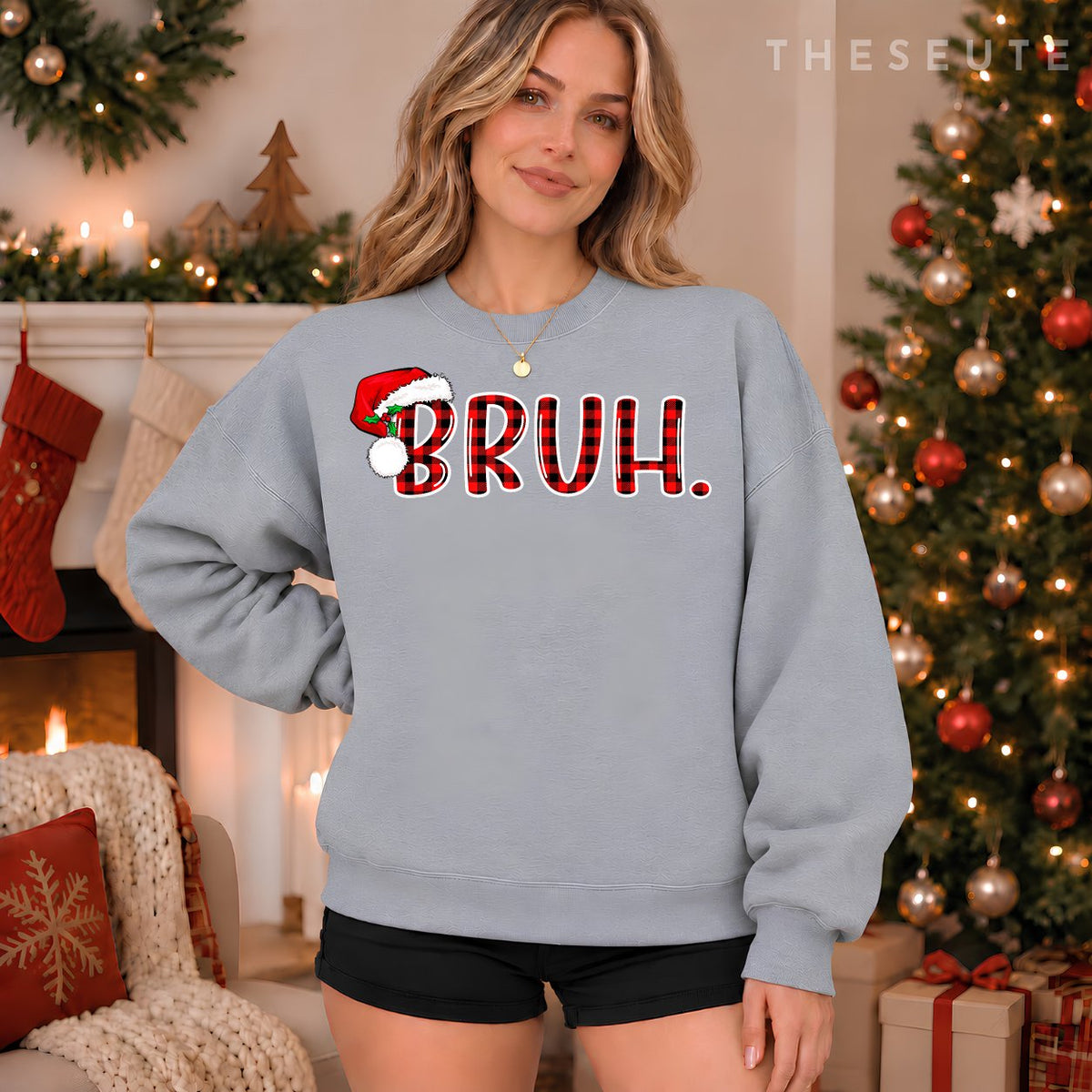 Bruh Funny Christmas Plaid Teens Boys Kids Xmas Pajamas Sweatshirt