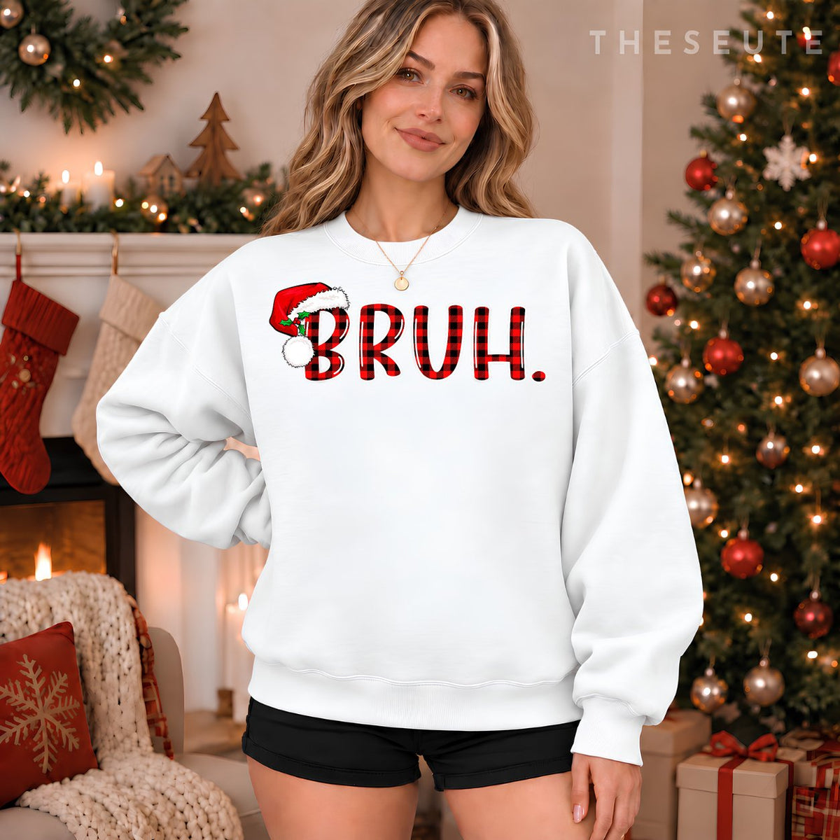 Bruh Funny Christmas Plaid Teens Boys Kids Xmas Pajamas Sweatshirt