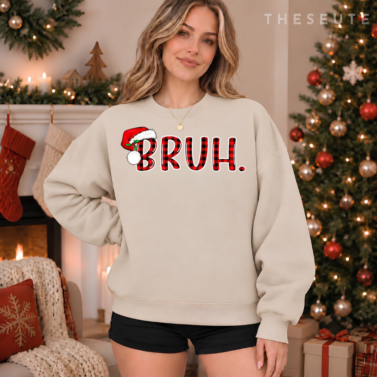 Bruh Funny Christmas Plaid Teens Boys Kids Xmas Pajamas Sweatshirt