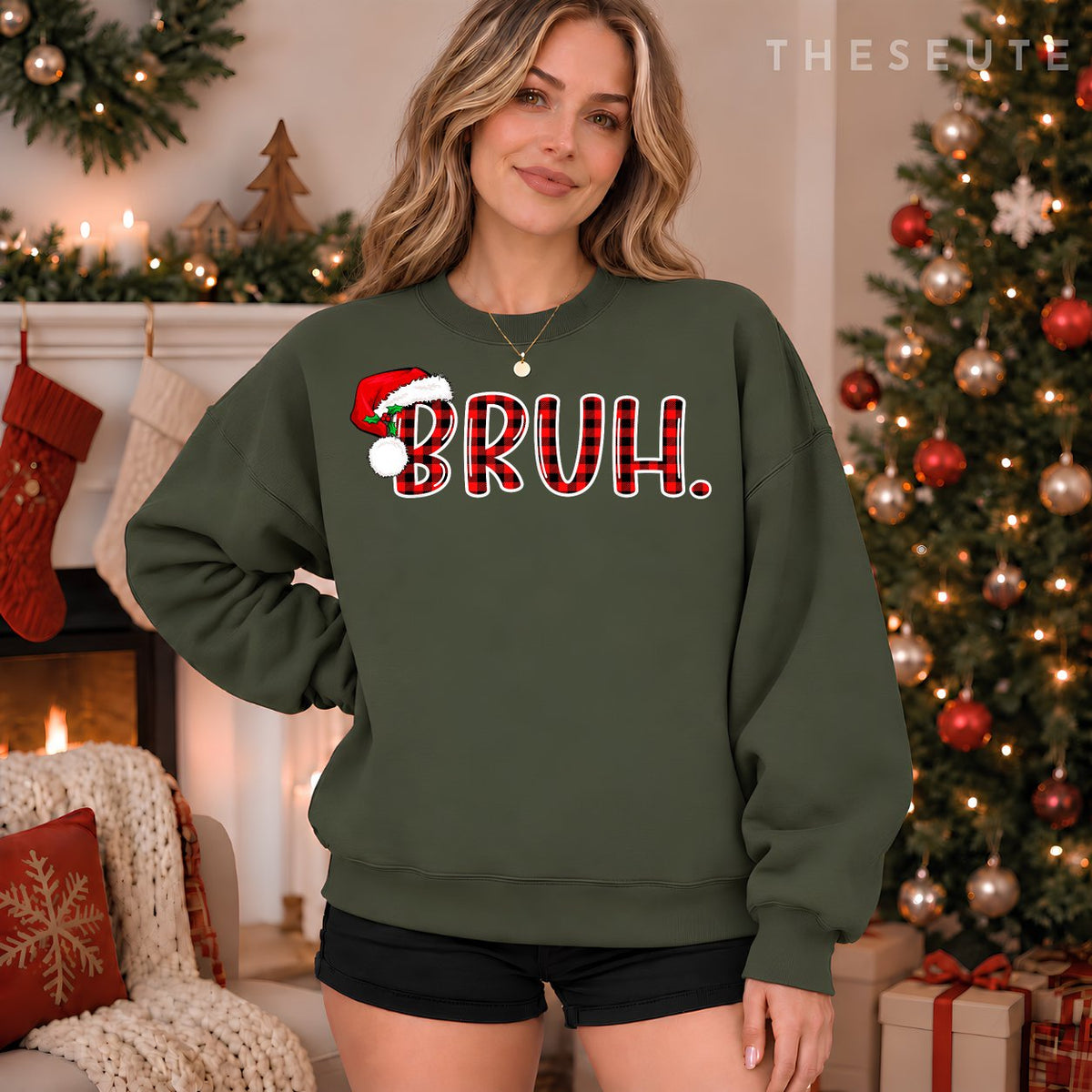 Bruh Funny Christmas Plaid Teens Boys Kids Xmas Pajamas Sweatshirt