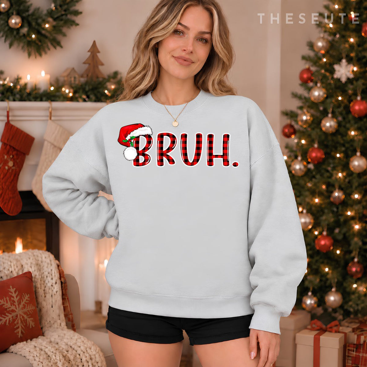 Bruh Funny Christmas Plaid Teens Boys Kids Xmas Pajamas Sweatshirt
