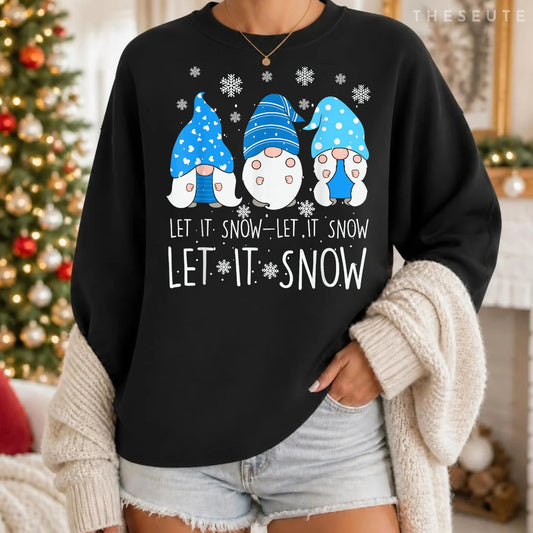 Let It Snow Cute Three Blue Gnome Matching Family Merry Xmas Sweatshirt