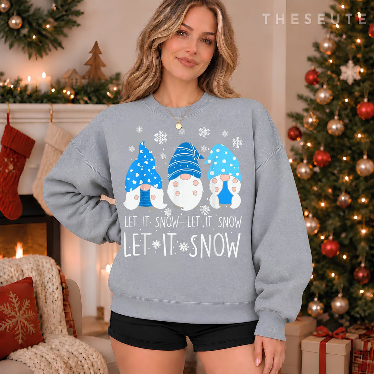 Let It Snow Cute Three Blue Gnome Matching Family Merry Xmas Sweatshirt