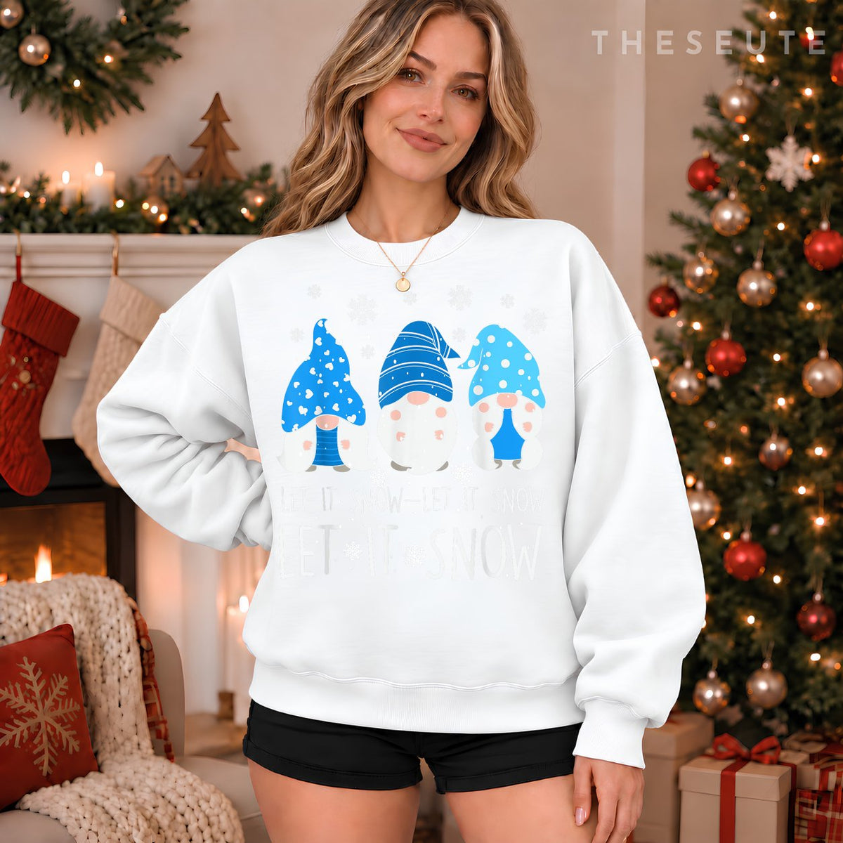 Let It Snow Cute Three Blue Gnome Matching Family Merry Xmas Sweatshirt