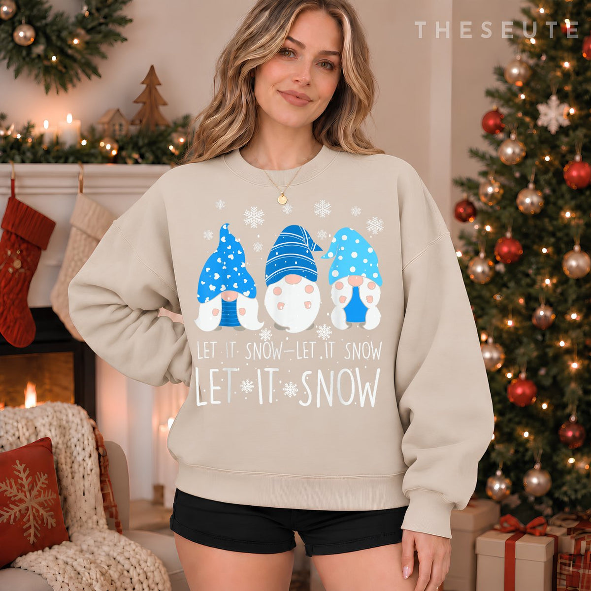Let It Snow Cute Three Blue Gnome Matching Family Merry Xmas Sweatshirt