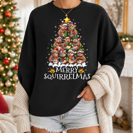 Squirrel Christmas Tree Lights Merry Squirrelmas Santa Xmas Sweatshirt