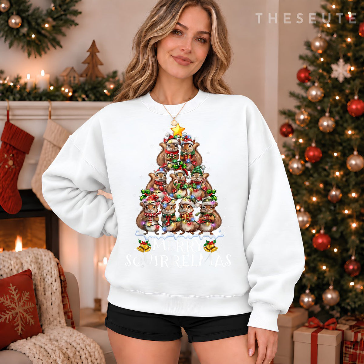 Squirrel Christmas Tree Lights Merry Squirrelmas Santa Xmas Sweatshirt