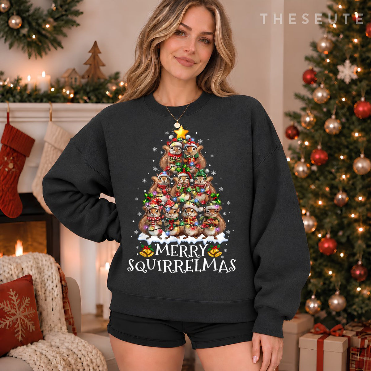 Squirrel Christmas Tree Lights Merry Squirrelmas Santa Xmas Sweatshirt