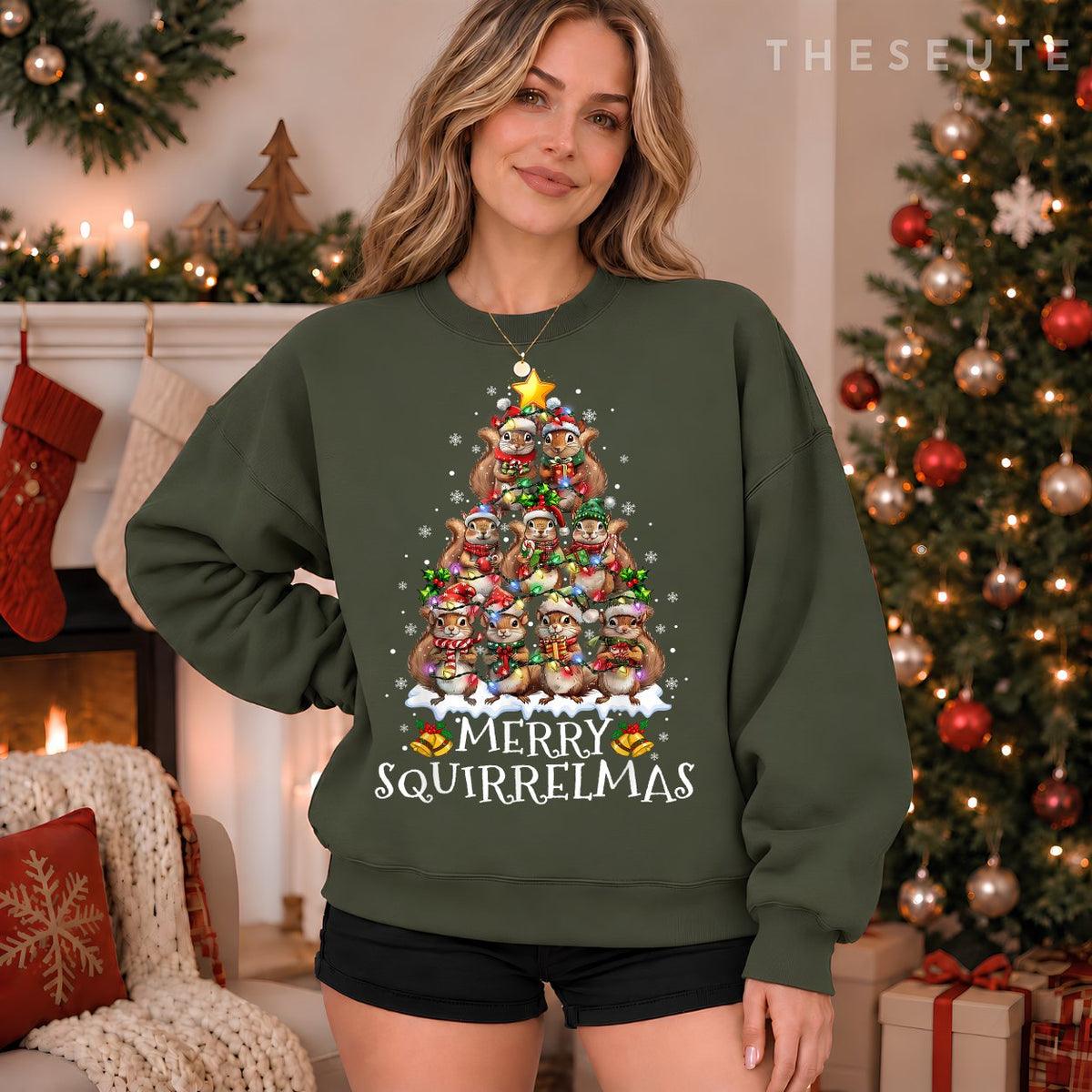 Squirrel Christmas Tree Lights Merry Squirrelmas Santa Xmas Sweatshirt