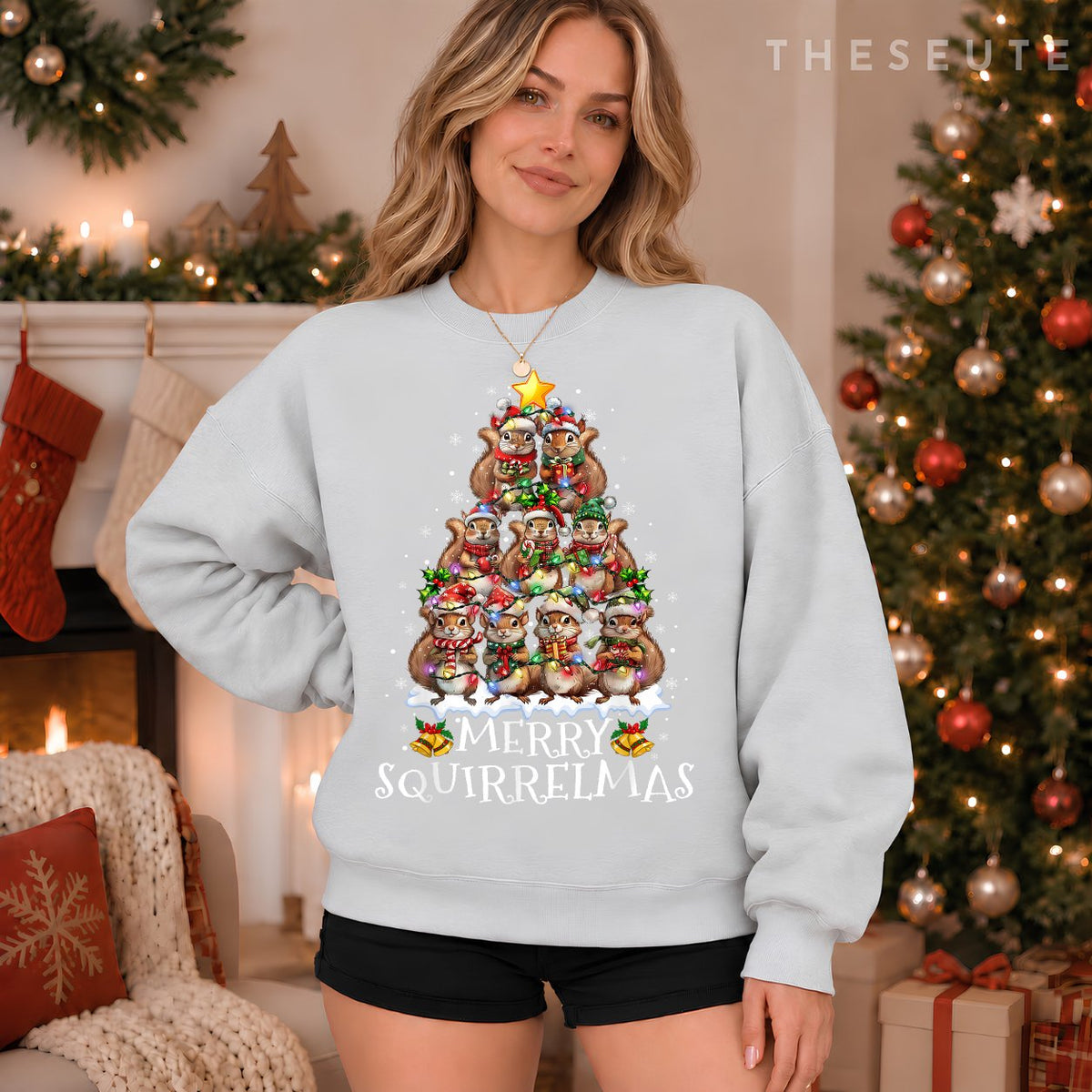 Squirrel Christmas Tree Lights Merry Squirrelmas Santa Xmas Sweatshirt