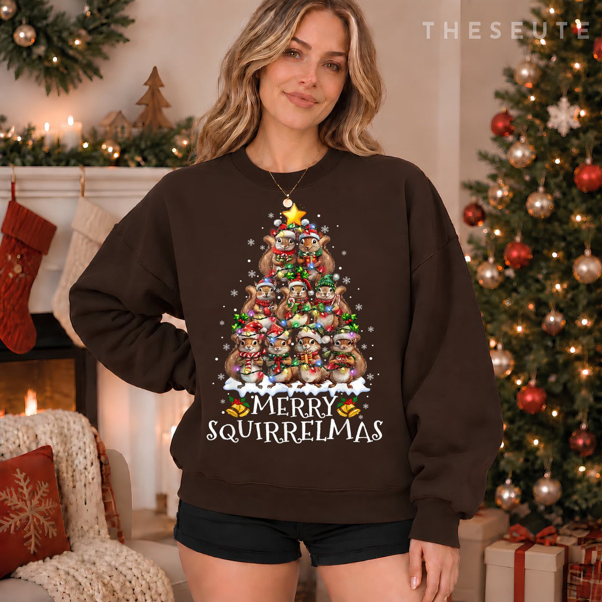 Squirrel Christmas Tree Lights Merry Squirrelmas Santa Xmas Sweatshirt