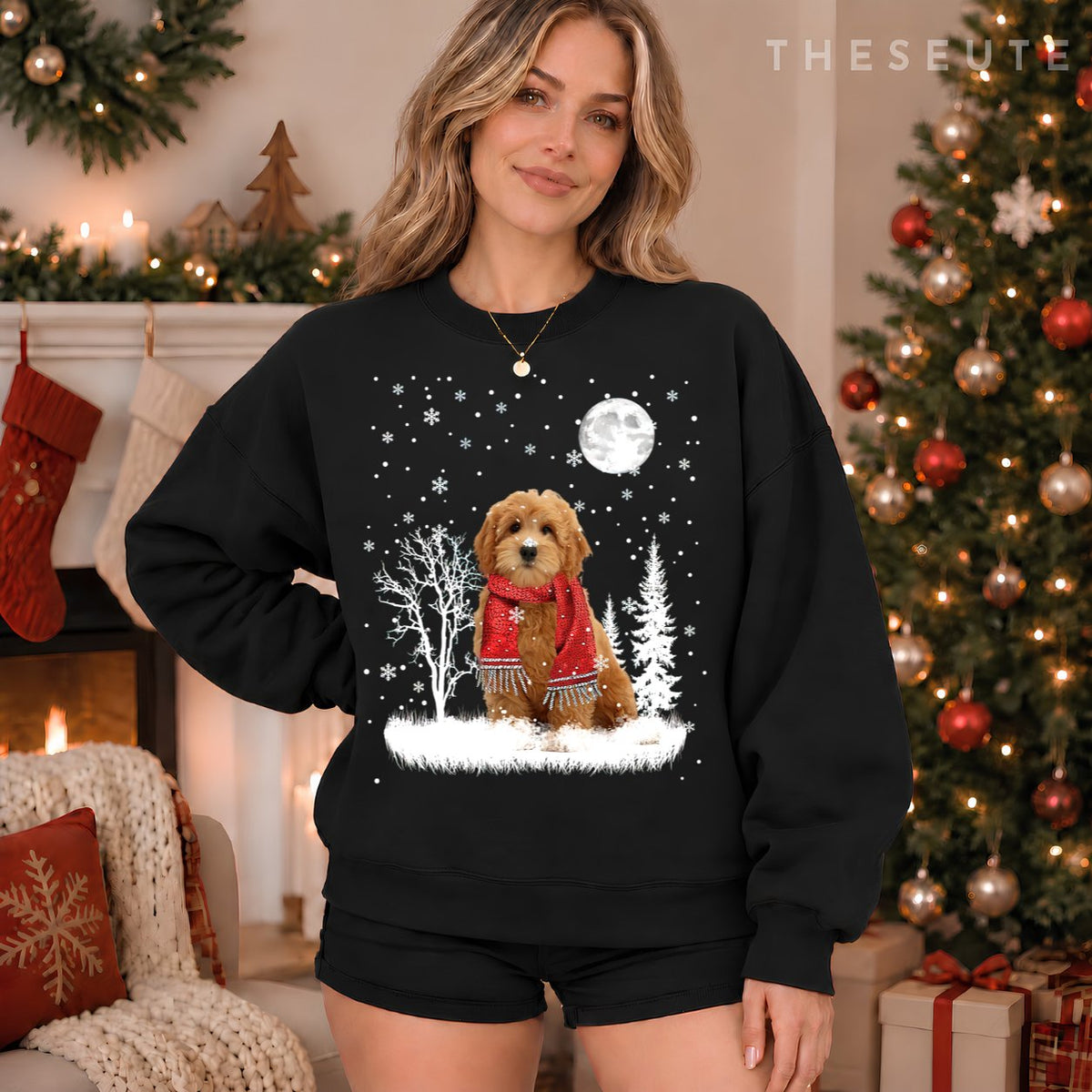 Goldendoodle Under Moonlight Snow Christmas Pajama Sweatshirt