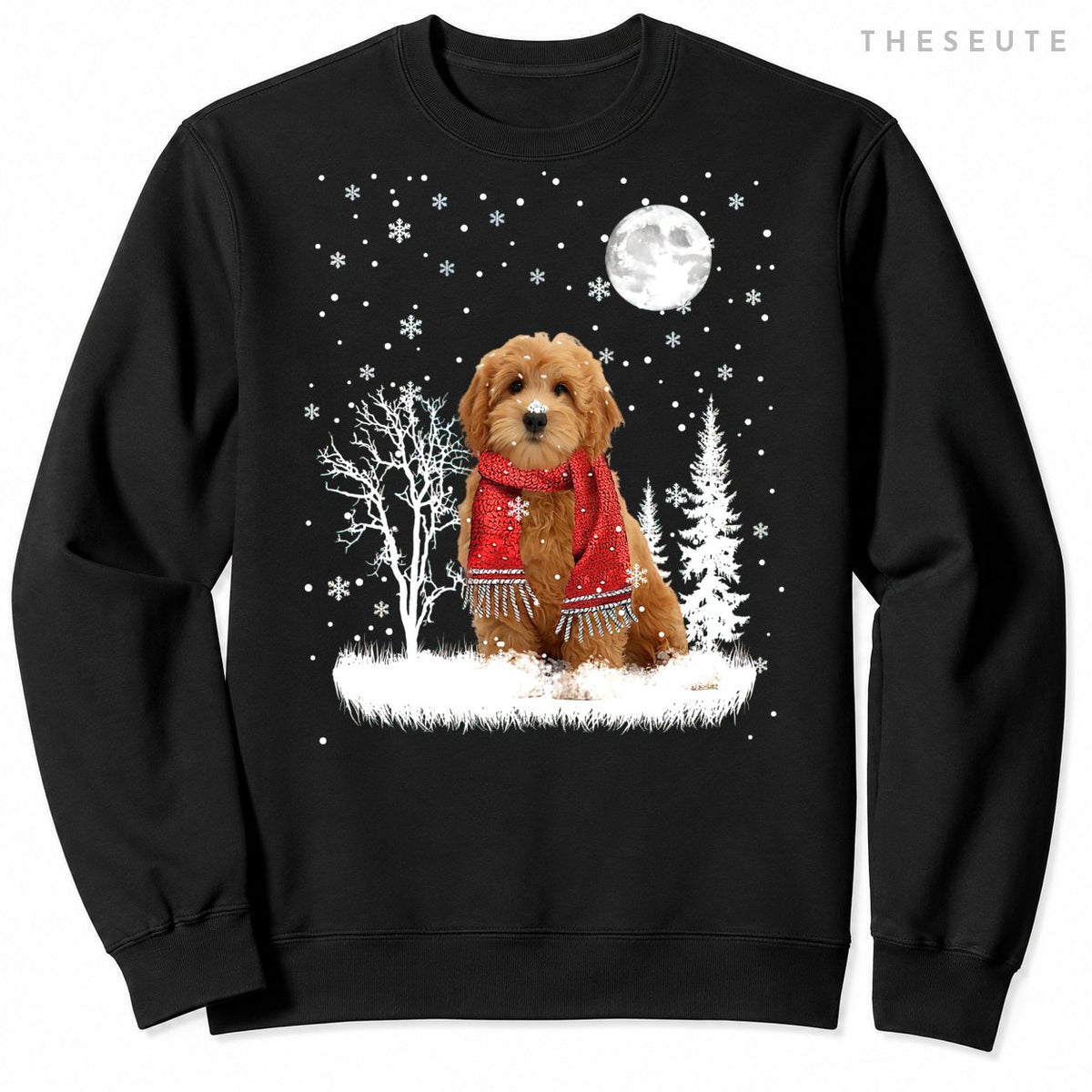 Goldendoodle Under Moonlight Snow Christmas Pajama Sweatshirt
