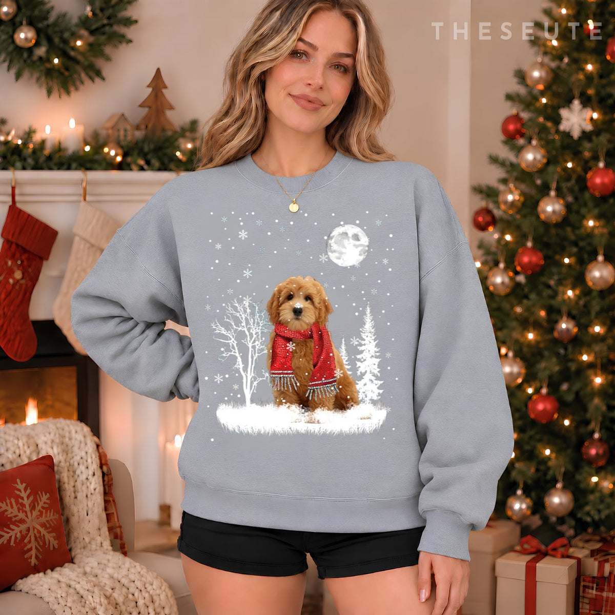 Goldendoodle Under Moonlight Snow Christmas Pajama Sweatshirt