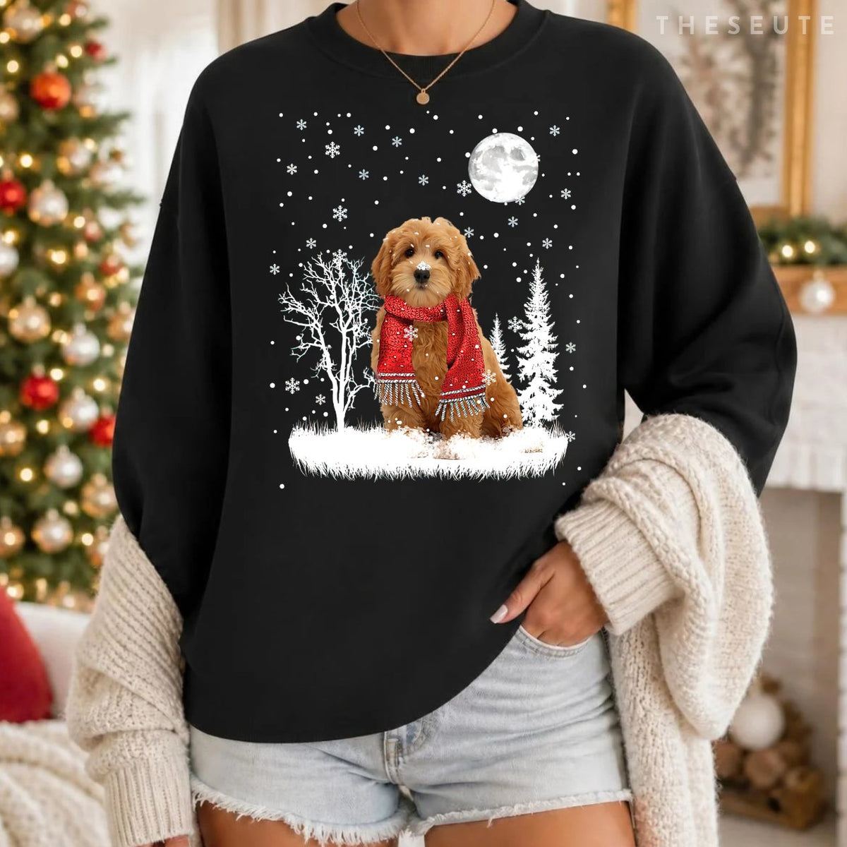 Goldendoodle Under Moonlight Snow Christmas Pajama Sweatshirt