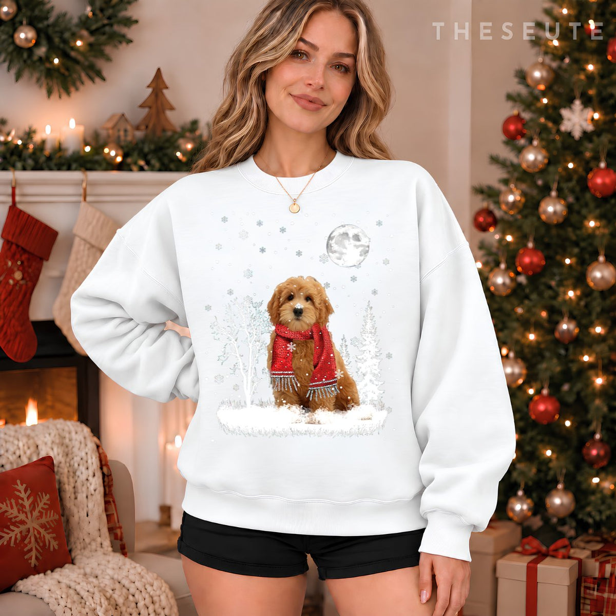 Goldendoodle Under Moonlight Snow Christmas Pajama Sweatshirt