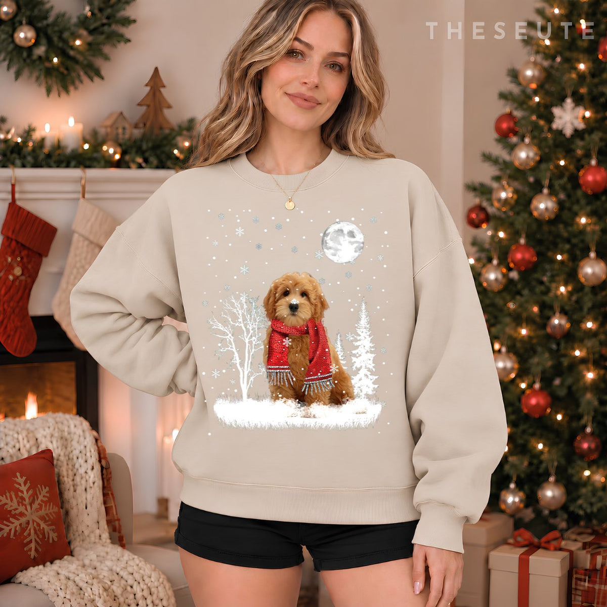 Goldendoodle Under Moonlight Snow Christmas Pajama Sweatshirt