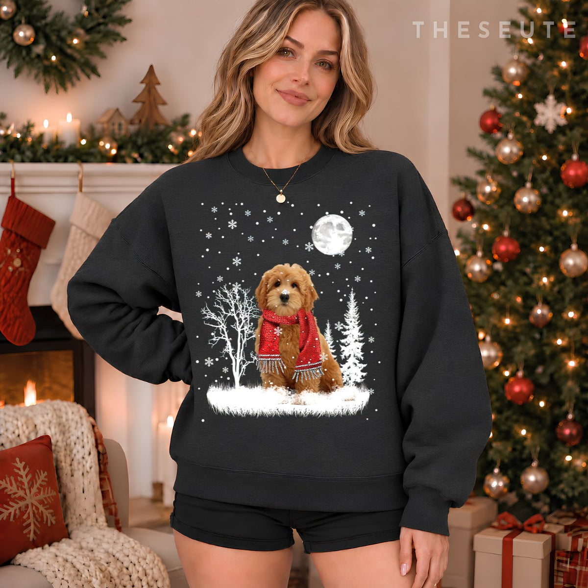 Goldendoodle Under Moonlight Snow Christmas Pajama Sweatshirt