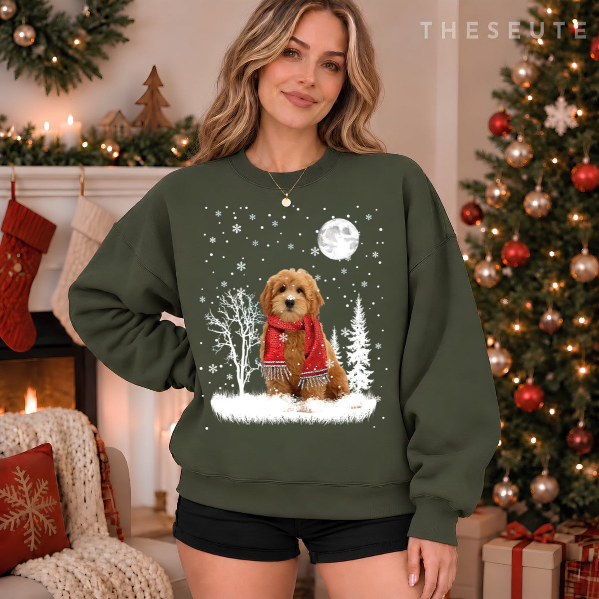 Goldendoodle Under Moonlight Snow Christmas Pajama Sweatshirt