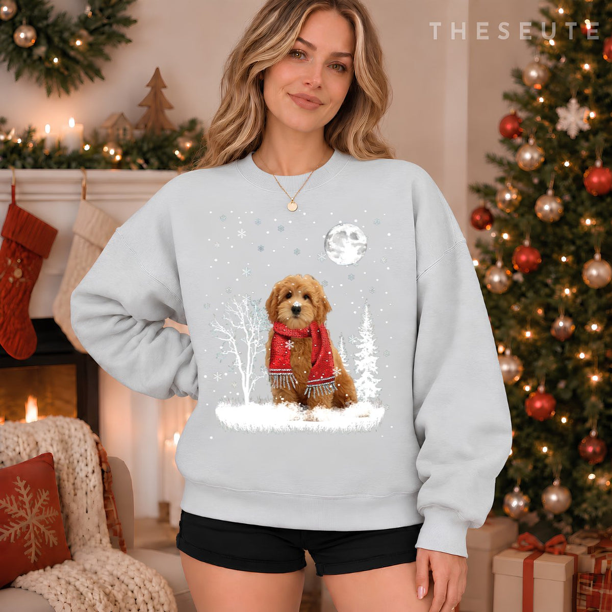 Goldendoodle Under Moonlight Snow Christmas Pajama Sweatshirt
