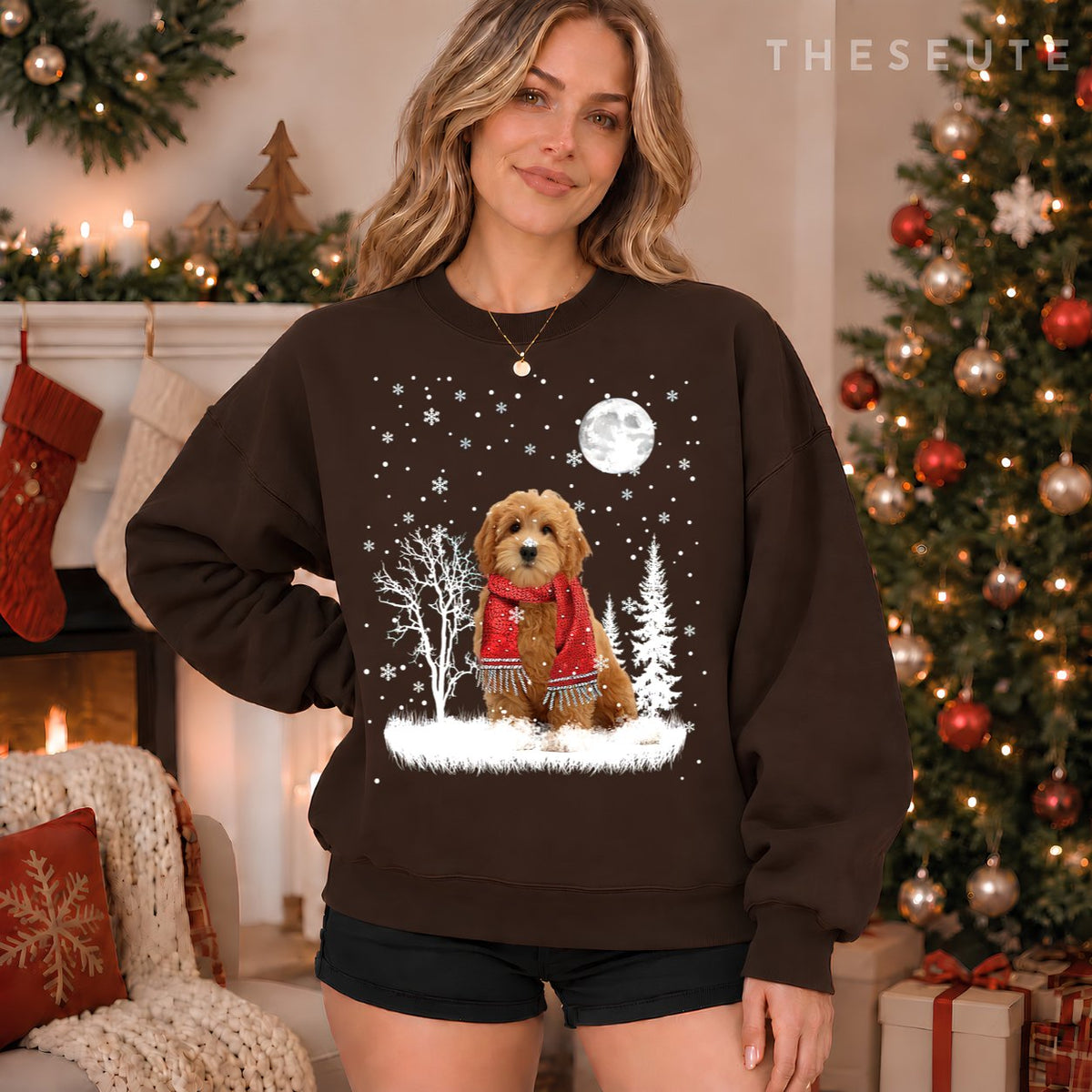 Goldendoodle Under Moonlight Snow Christmas Pajama Sweatshirt